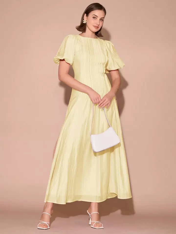 CM-DS122255 Women Elegant Seoul Style Round Neck Bubble Pleat Puff Long Sleeve Maxi Dress - Yellow