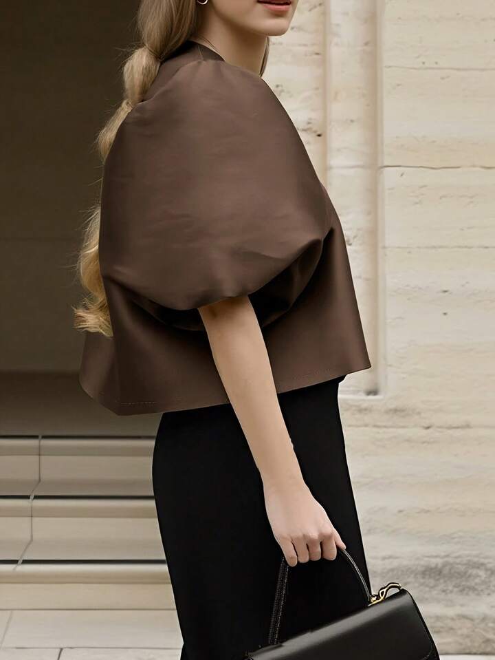 CM-TS469639 Women Elegant Seoul Style Solid Color Round Neck Puff Sleeve Shirt - Brown