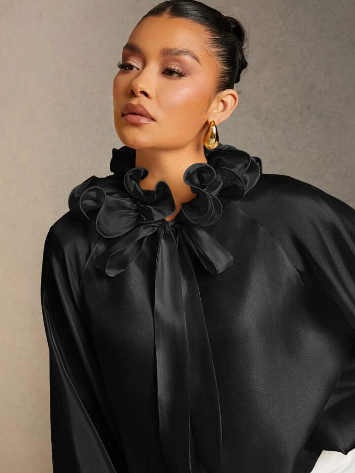 CM-TS753025 Women Elegant Seoul Style Solid Color Ruffle Trim Tie Neck Lantern Sleeve Blouse - Black
