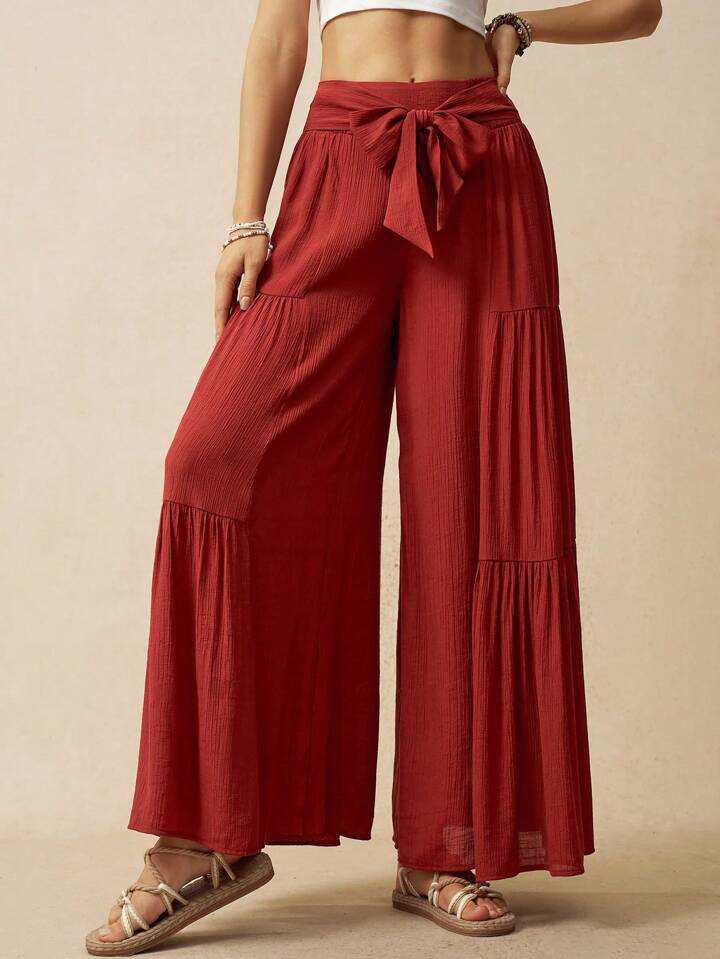 CM-BS131063 Women Trendy Bohemian Style Solid Color Drop Waist A-Line Pants - Burgundy