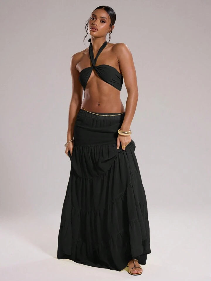 CM-BS664444 Women Trendy Bohemian Style Chiffon Layered Tiered Loose Maxi Skirt - Black