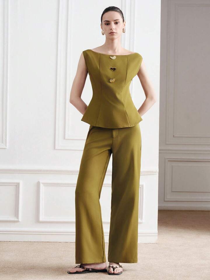CM-SS271644 Women Elegant Seoul Style Boat Neck Metal Buckle Sleeveless Crop Top With Straight Leg Flare Pants - Set