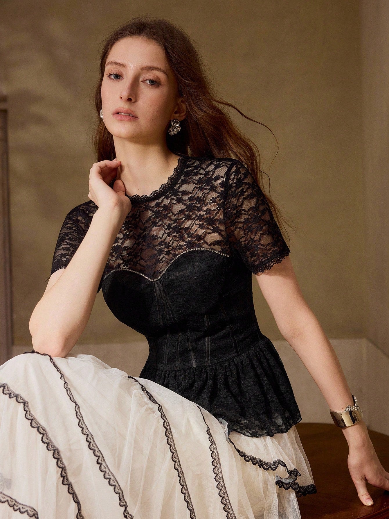 CM-TS220131 Women Elegant Seoul Style Round Neck Short Sleeve Sheer Lace Waist-Cinched Ruffle Hem Top - Black