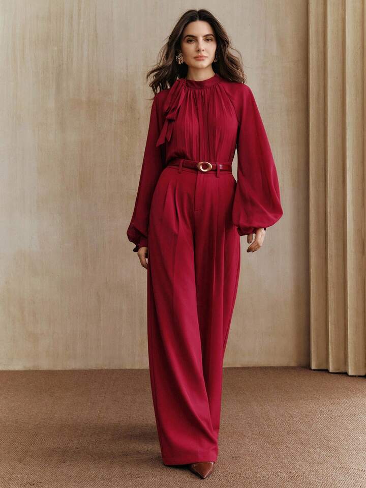 CM-TS234044 Women Elegant Seoul Style Pleated Bow Tie Long Sleeve Pullover Blouse - Burgundy