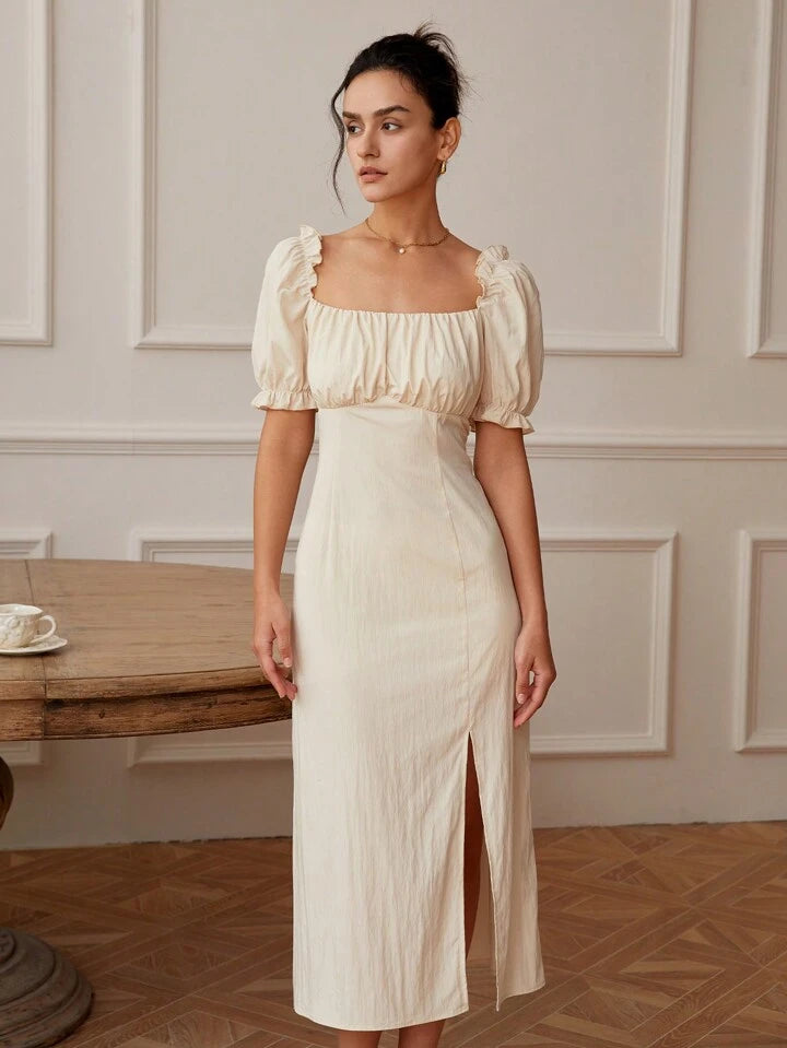 CM-DS171771 Women Casual Seoul Style Square Neckline Short Sleeve Side Slit Pleated Dress - Apricot
