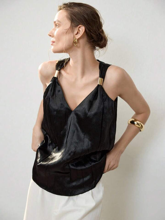 CM-TS147642 Women Casual Seoul Style Pleated V-Neck Sleeveless Vest Top - Black