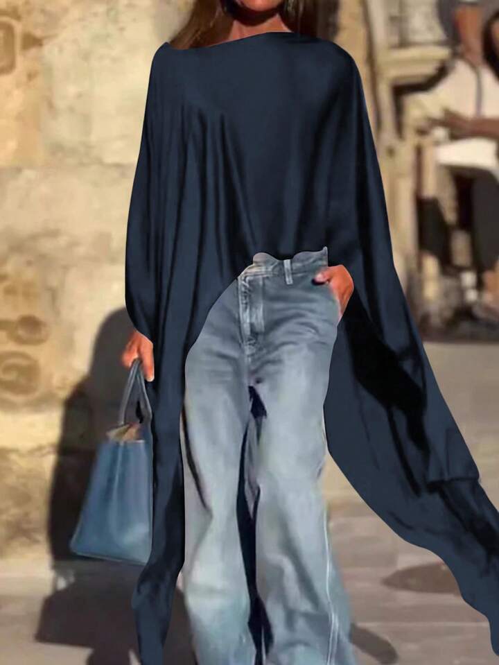 CM-TS586807 Women Casual Seoul Style Round Neck Batwing Sleeve Asymmetrical Long Shirt - Navy Blue