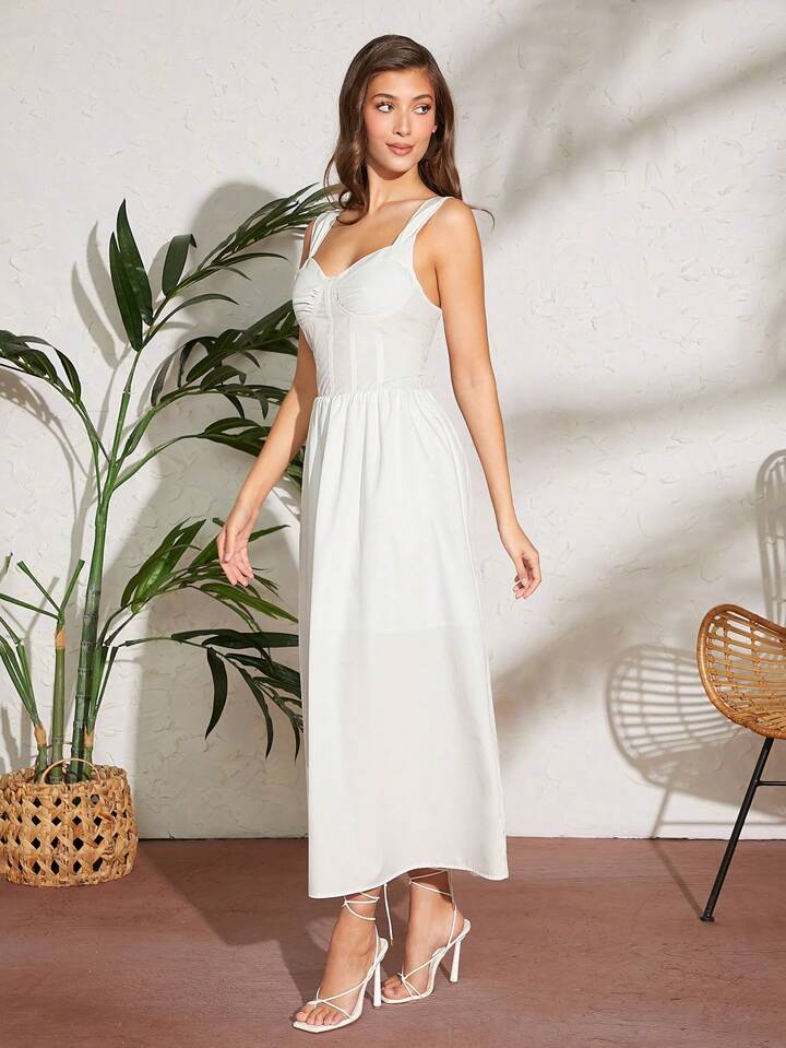 CM-DS618334 Women Casual Seoul Style Sleeveless Ruched Bustier Solid Maxi Dress - White