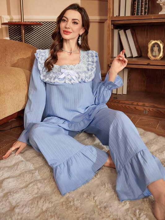 CM-LS389052 Women Trendy Seoul Style Lace Patchwork Turndown Collar Long Sleeve Loose Pajama Set - Blue