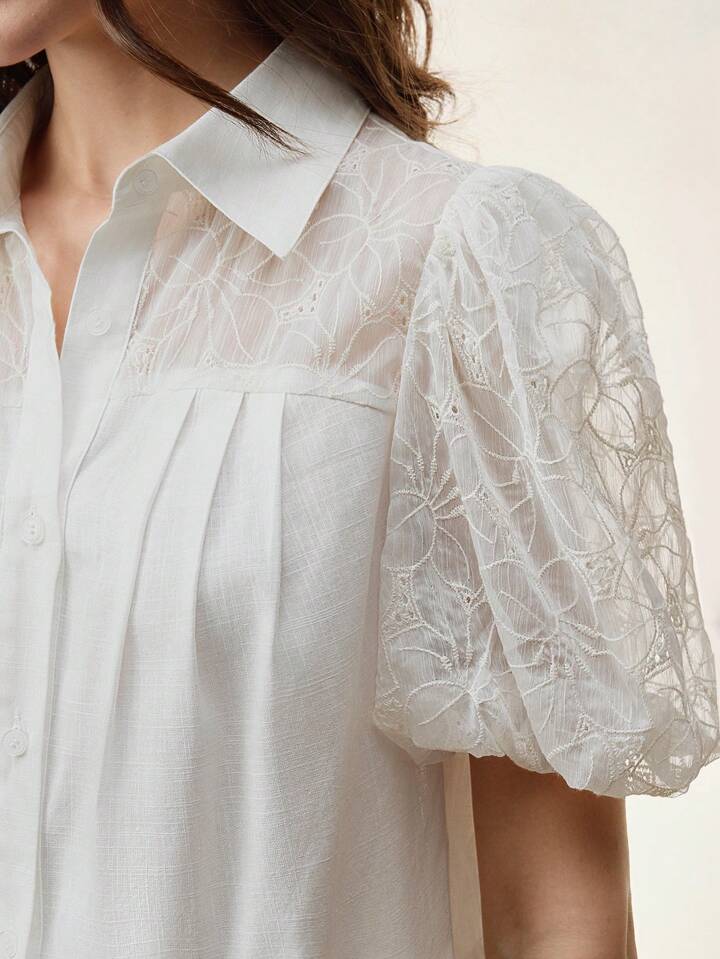 CM-TS548821 Women Casual Seoul Style Lace Patchwork Collar Neckline Puff Sleeve Blouse - White