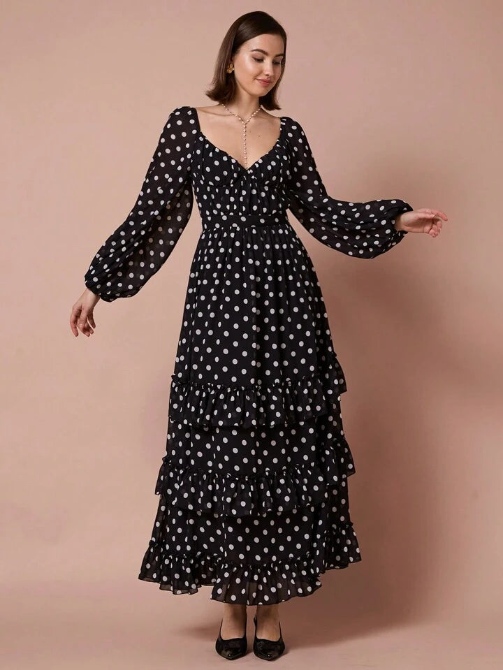 CM-DS108408 Women Elegant Seoul Style Polka Dot V-Neck Puff Long Sleeve Layered A-Line Dress - Black