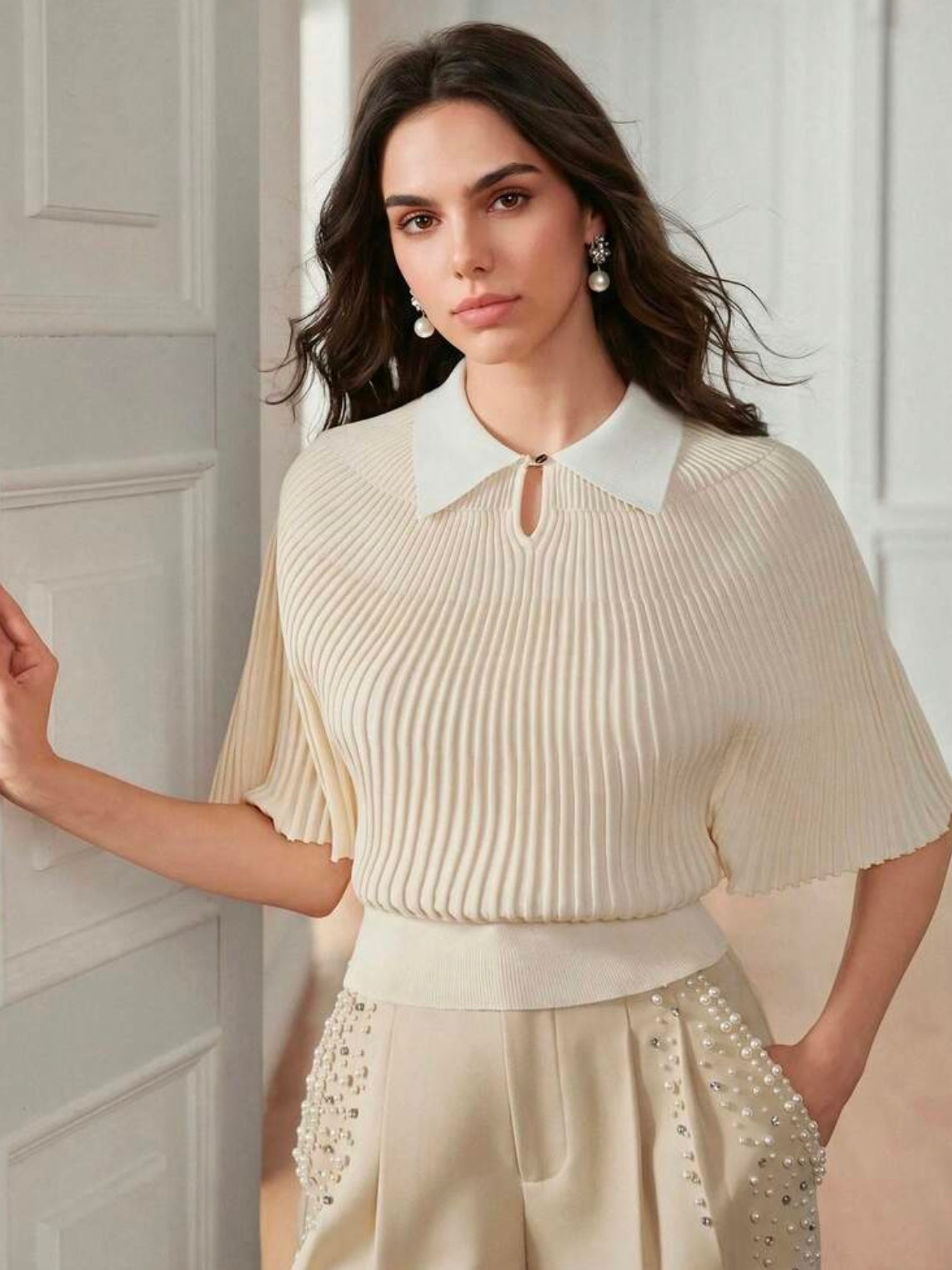 CM-TS412715 Women Elegant Seoul Style Collar Neckline Knit Short Sleeve Pleated Top - Light Yellow