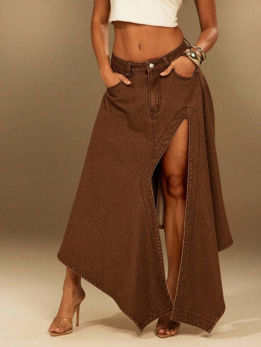 CM-BS963163 Women Casual Seoul Style Mid Waist Asymmetrical High Slit Denim Midi Skirt - Brown