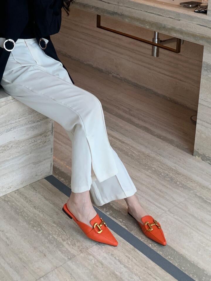 CM-SHS731130 Women Trendy Seoul Style Square Toe Metal Decor Flat Mules - Orange