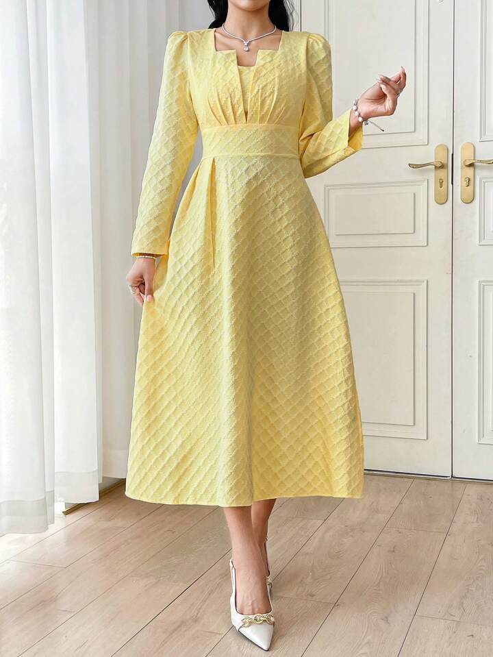 CM-DS227858 Women Elegant Seoul Style Square Neck Puff Sleeve Plaid Jacquard Gathered Dress - Yellow