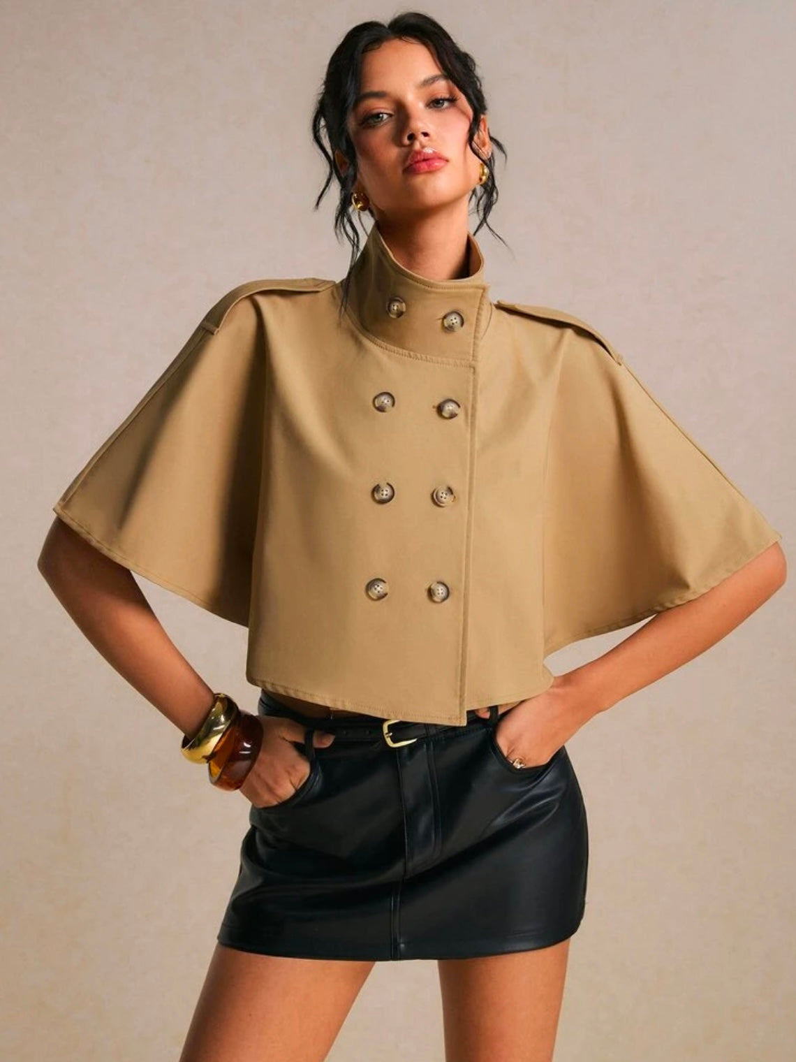 CM-CS799344 Women Elegant Seoul Style Short Sleeve Cropped Double Breasted Cape Trench Coat - Brown