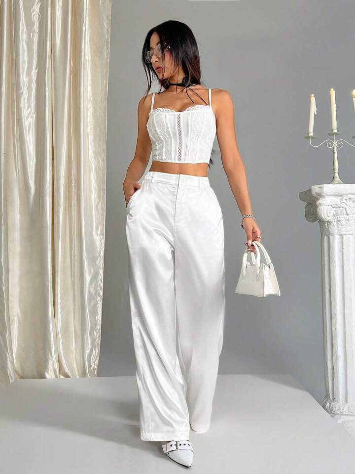 CM-BS751577 Women Casual Seoul Style Satin Elastic Waist Wide Leg Palazzo Pants - White