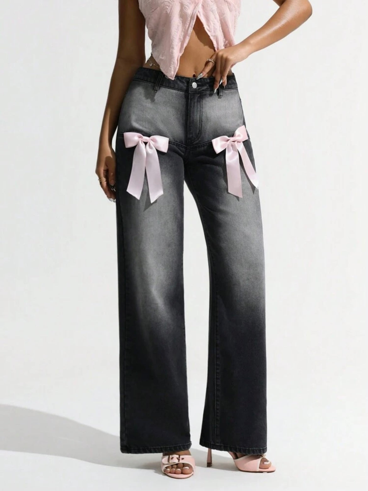 CM-BS282448 Women Casual Seoul Style Low-Waist Bow Decor Fitted Straight Leg Jeans - Black
