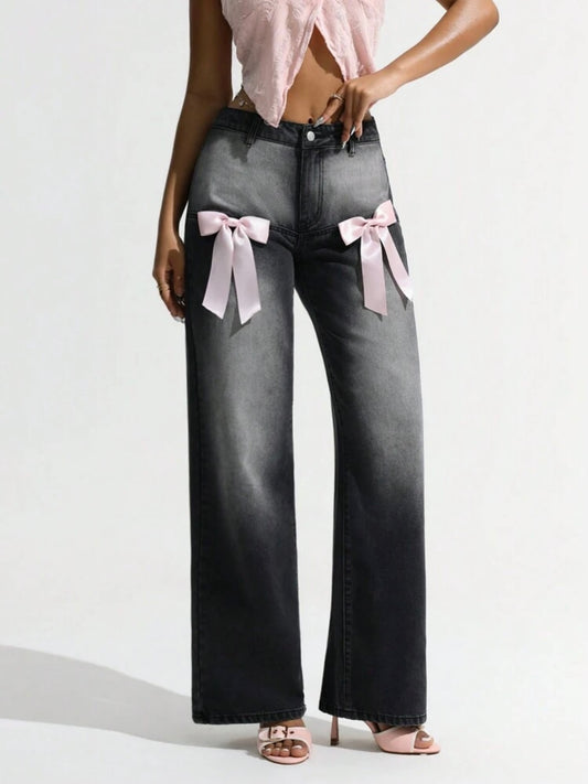 CM-BS282448 Women Casual Seoul Style Low-Waist Bow Decor Fitted Straight Leg Jeans - Black