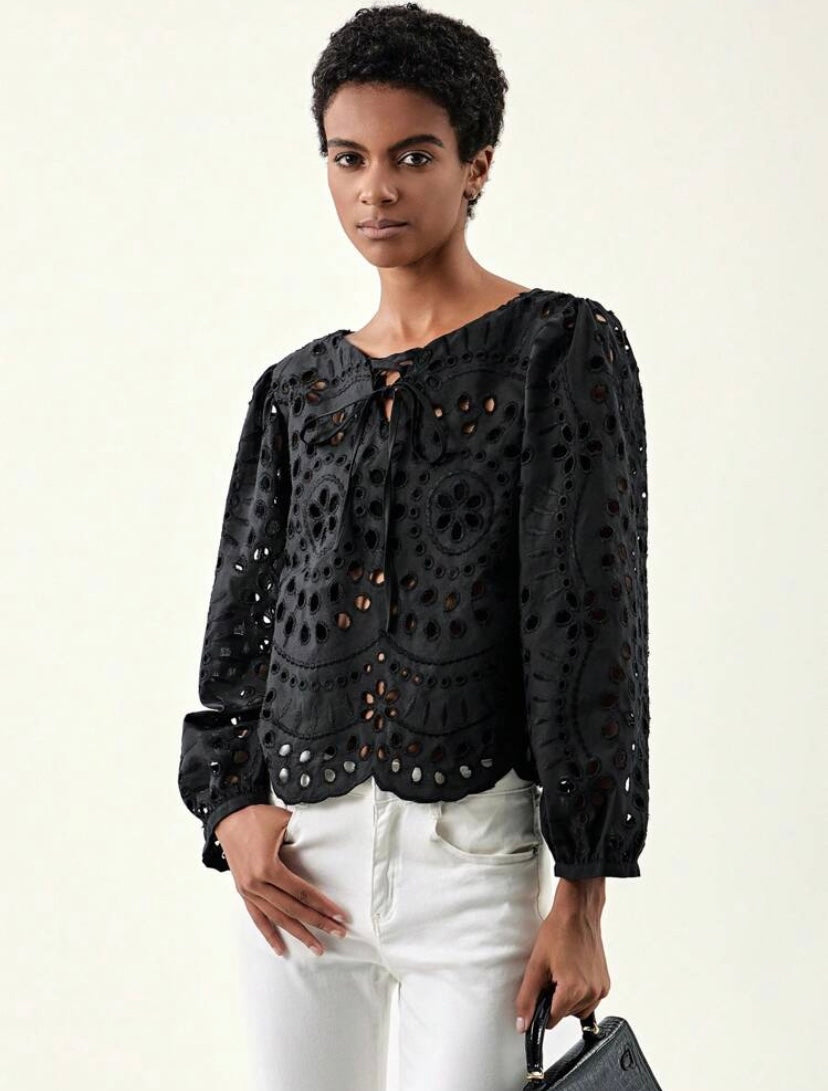 CM-TS600606 Women Trendy Bohemian Style Tie Neck Eyelet Embroidery Hollow Out Blouse