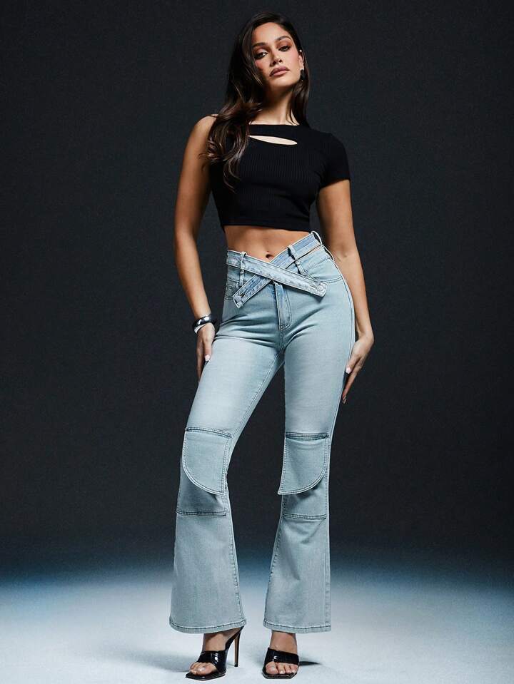 CM-BS223100 Women Casual Seoul Style Waist Belt Pocket Fitting Flare Leg Jeans - Baby Blue