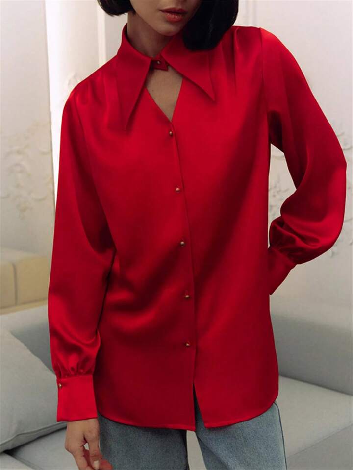 CM-TS338316 Women Elegant Seoul Style Open Shirt Collar Long Sleeve Blouse - Red