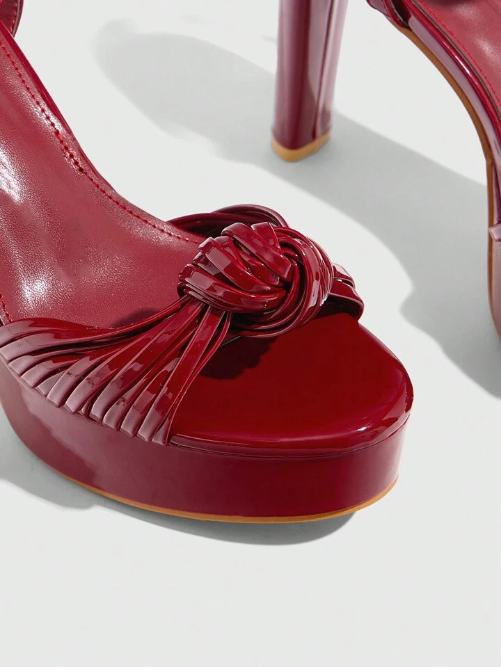 CM-SHS717609 Women Trendy Seoul Style Round Toe Chunky Knotted Detail High Heel Sandals - Burgundy
