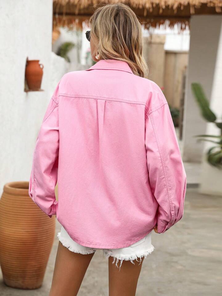 CM-CS434495 Women Casual Seoul Style Solid Color Front Button Pockets Long Sleeve Denim Jacket - Pink