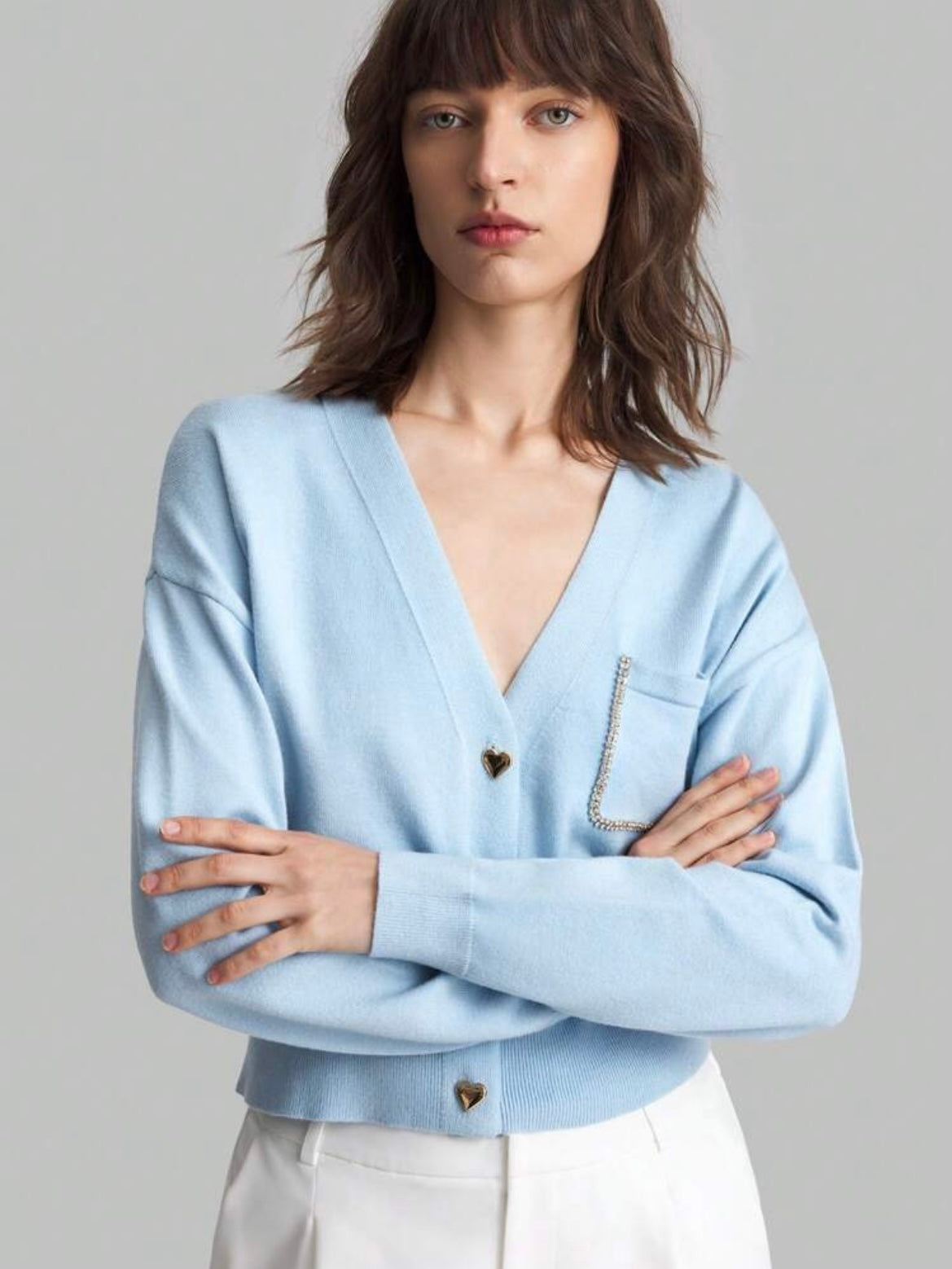 CM-CS192880 Women Casual Seoul Style Heart Shaped Button Front Cardigan - Blue