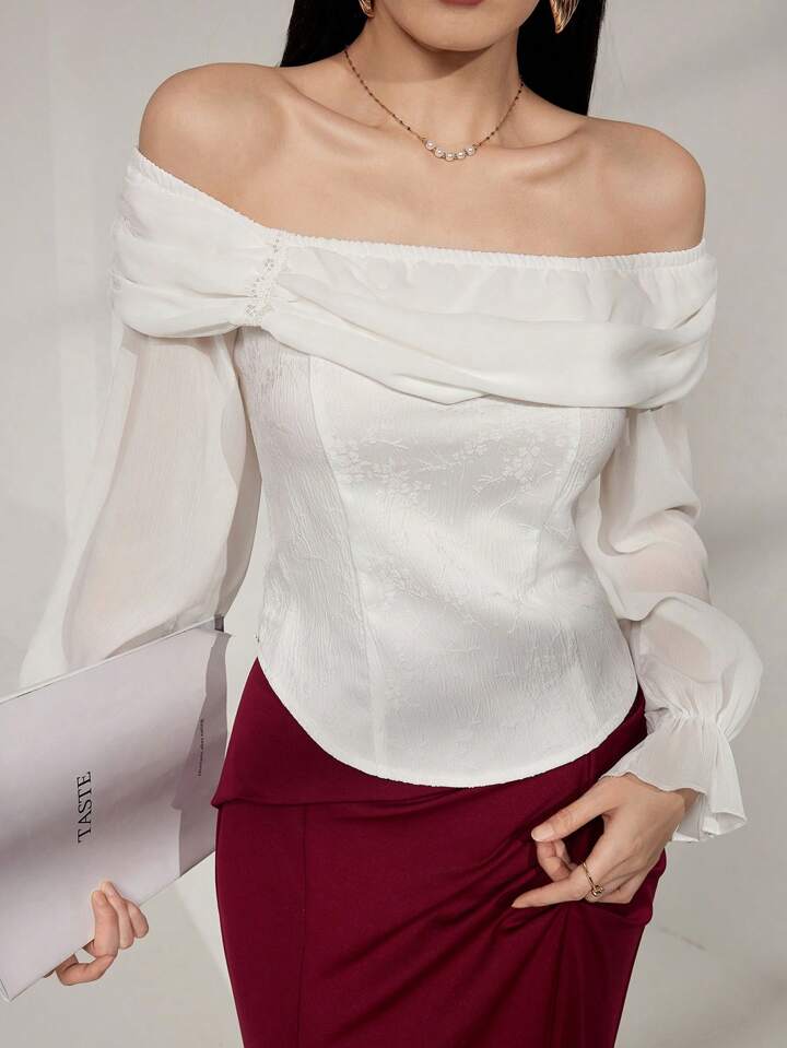 CM-TS677372 Women Elegant Seoul Style Off the Shoulder Flare Sleeve Chiffon Shirt - White