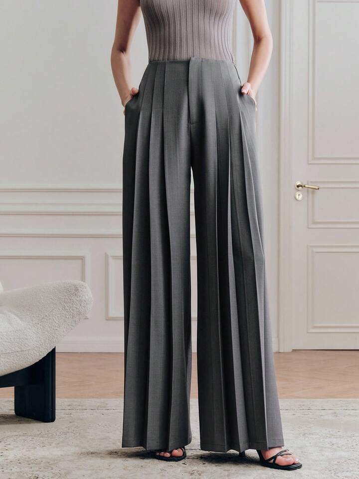 CM-BS133837 Women Elegant Seoul Style High Waist Loose Draping Wide Leg Pants - Gray