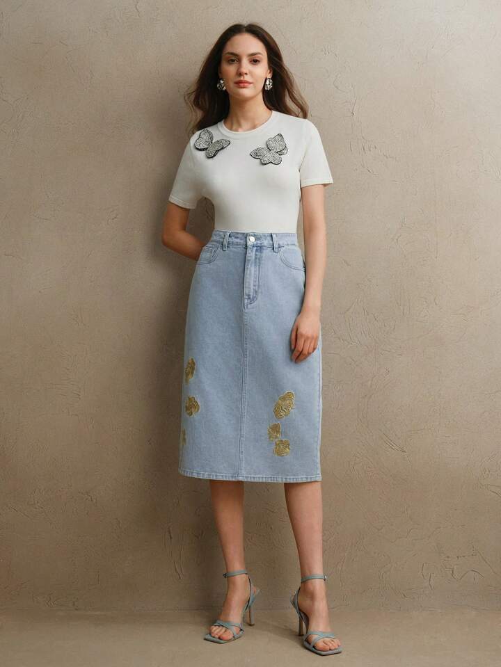 CM-BS252140 Women Elegant Seoul Style Floral Embroidered Fitted High Waist Midi Denim Skirt - Blue