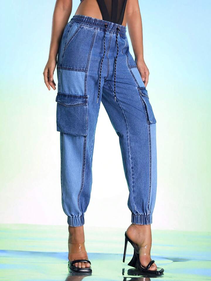 CM-BS242252 Women Casual Seoul Style Medium Wash Two-Tones Drawstring Waist Jeans
