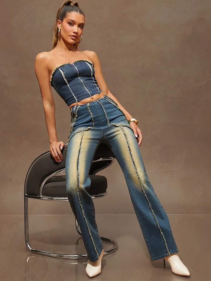 CM-BS868058 Women Casual Seoul Style Medium Wash Patchwork Fringed Zipper Design Straight-Leg Jeans