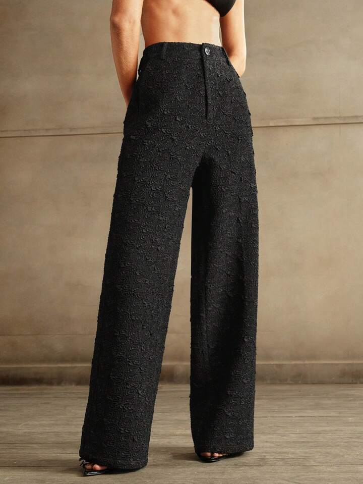 CM-BS522392 Women Elegant Seoul Style Minimalist Textured Wide Leg Pants - Black