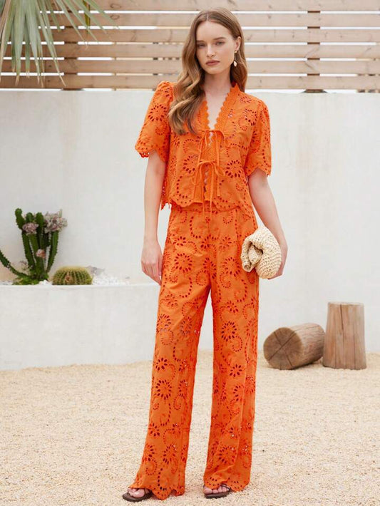 CM-SS428229 Women Trendy Bohemian Style V-Neck Short Sleeve Bowknot Tie Blouse With Long Pants - Set