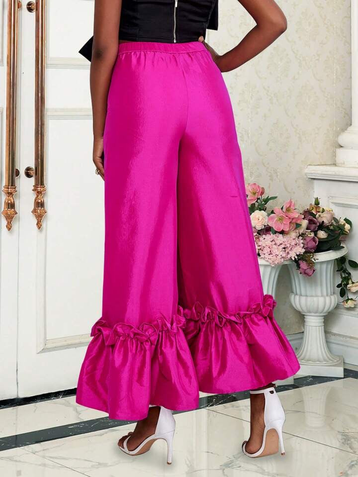 CM-BS544154 Women Elegant Seoul Style Loose Solid Color Pants With Patched Ruffle Hem
