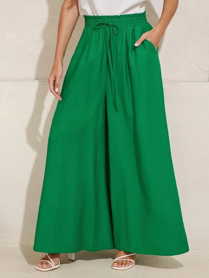 CM-BS334113 Women Trendy Bohemian Style High Rise Split Wide-Leg Pants - Green