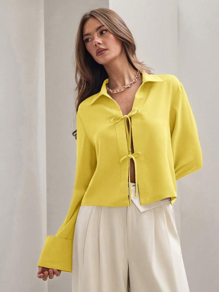 CM-TS885945 Women Trendy Bohemian Style Shirt Collar Front Tie Long Sleeve Shirt - Yellow