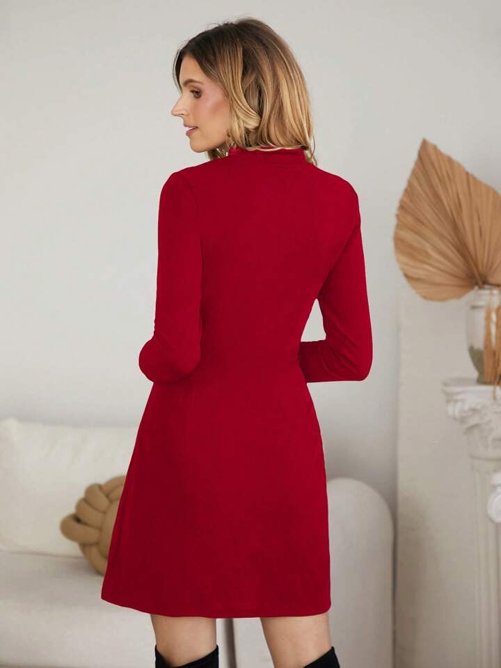 CM-DS287055 Women Elegant Seoul Style Stand Collar Zip Front Flap Pocket Dress - Red