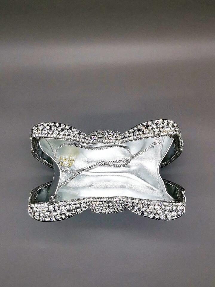 CM-BGS200126 Women Trendy Seoul Style Handmade Rhinestone Embellished Bow Clutch Purse - Silver