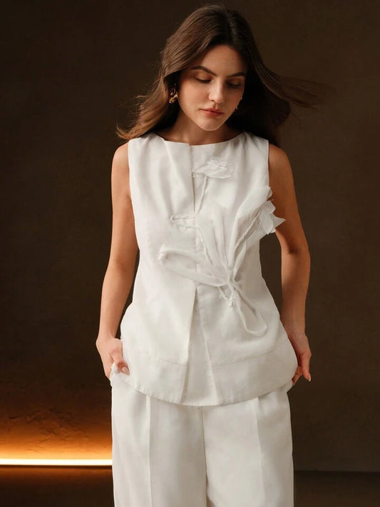 CM-TS269690 Women Elegant Seoul Style Fitted 3D Floral Design Boat Neck Sleeveless Top - White