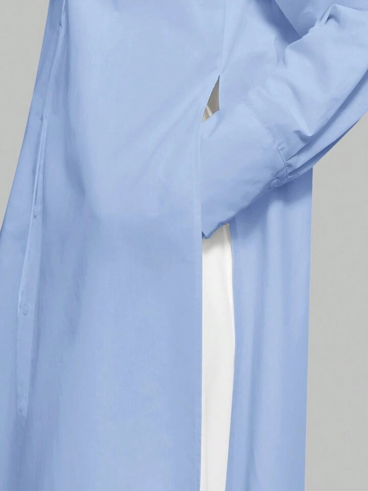 CM-TS815753 Women Casual Seoul Style Shirt Collar Long Sleeve Front Button High Slit Long Shirt - Blue