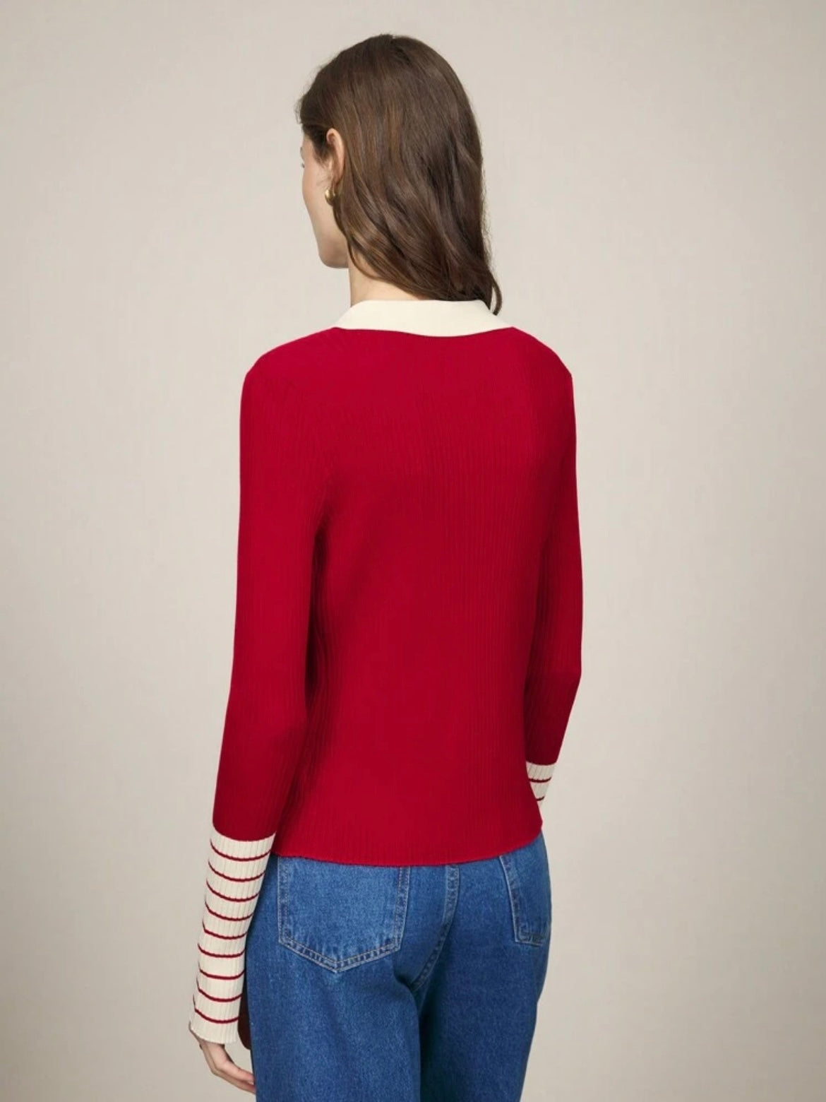 CM-CS006001 Women Casual Seoul Style Striped Long Sleeve Button-Up Rib Knit Sweater - Red