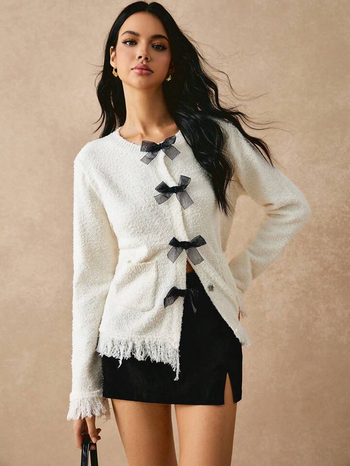 CM-CS281341 Women Casual Seoul Style Color Blocking Long Sleeve Fringe Trim Cardigan - White