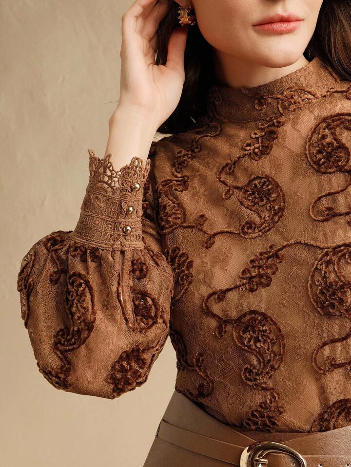 CM-TS672535 Women Elegant Seoul Style Pumpkin Printed Velvet Lace Round Neck Lantern Sleeve Blouse