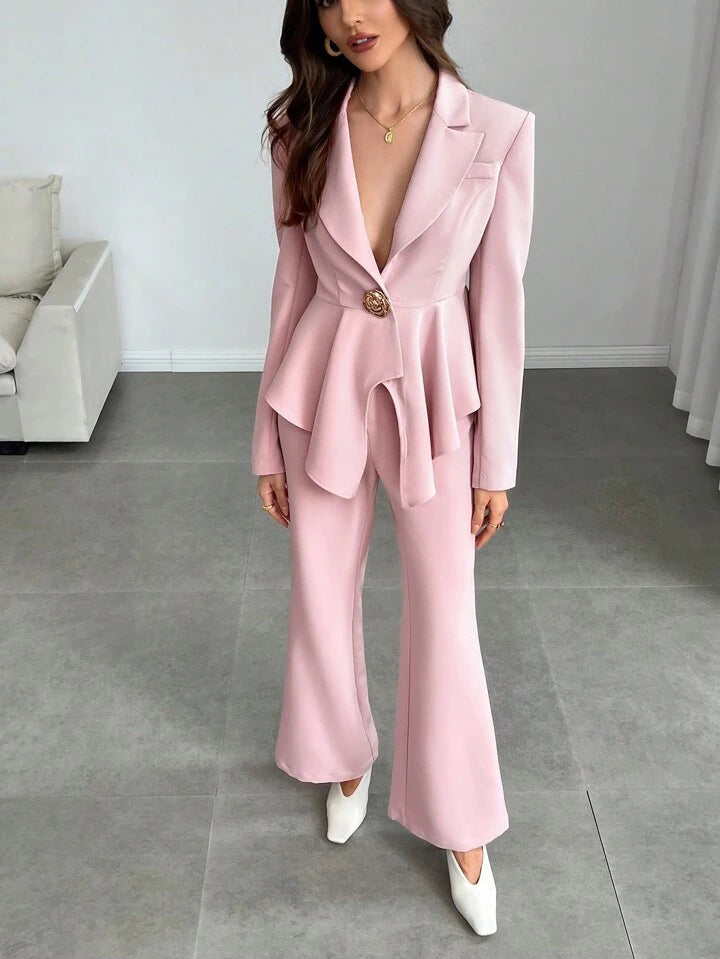 CM-SS888855 Women Elegant Seoul Style Lapel Neckline Asymmetrical Long Sleeve Blazer With Long Pant Suit - Baby Pink