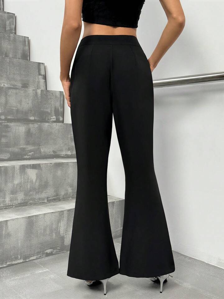 CM-BS513361 Women Elegant Seoul Style Zipper Waist Fitted Flared Hem Slit Pants - Black