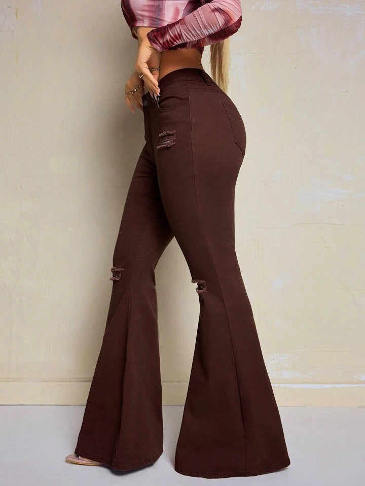 CM-BS438585 Women Casual Seoul Style Solid Color Frayed Hem Skinny Flared Jeans - Coffee Brown