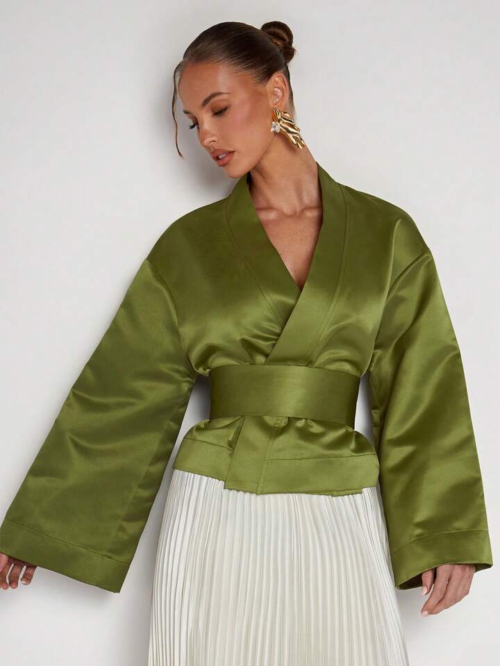 CM-TS808575 Women Elegant Seoul Style Solid Color V-Neck Wrap Flared Sleeve Blouse - Green